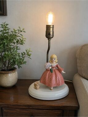 Vintage 1950s - 60s Ceramic Doll Table Lamp in Pink Polka Dot Dress
